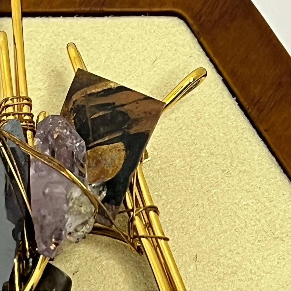 Vintage Takashi Honda Gold Tone and Black Leather Geometric Brooch